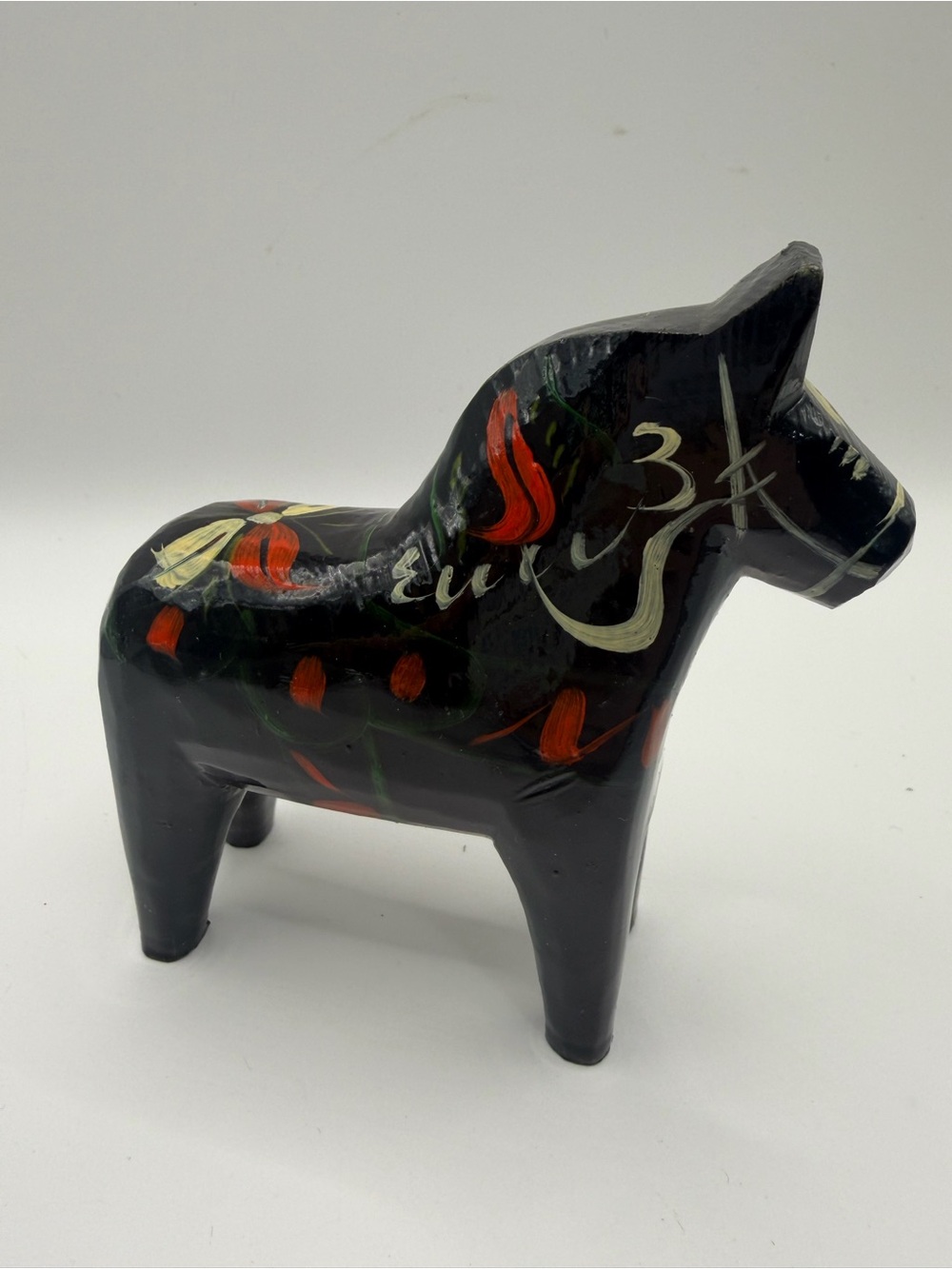 Rare Hand-Painted Black Dala Horse Figurine with Red Accents